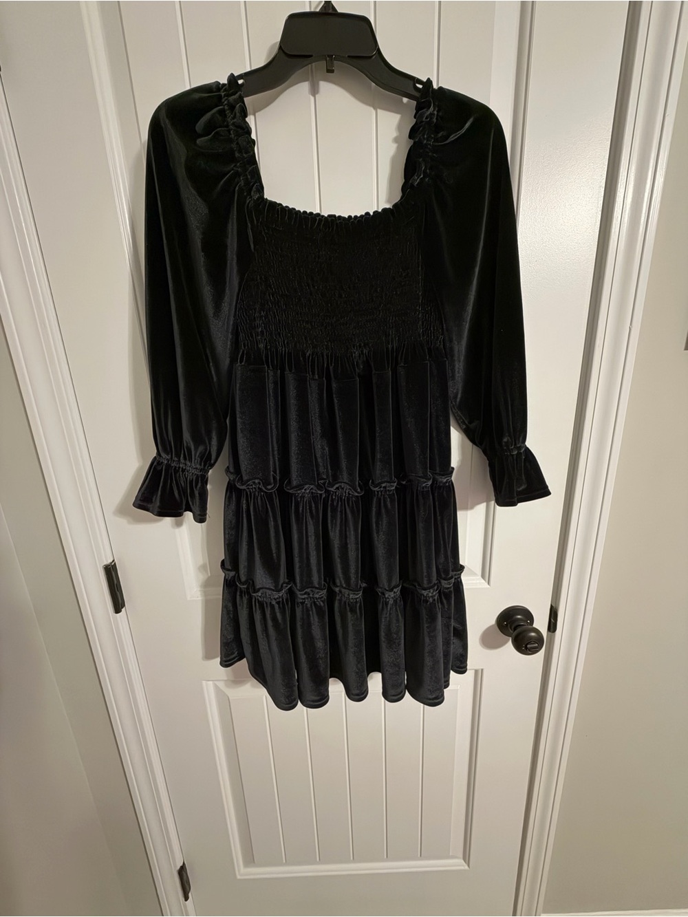 crown & ivy Black Velvet Tiered Smocked Mini Dress